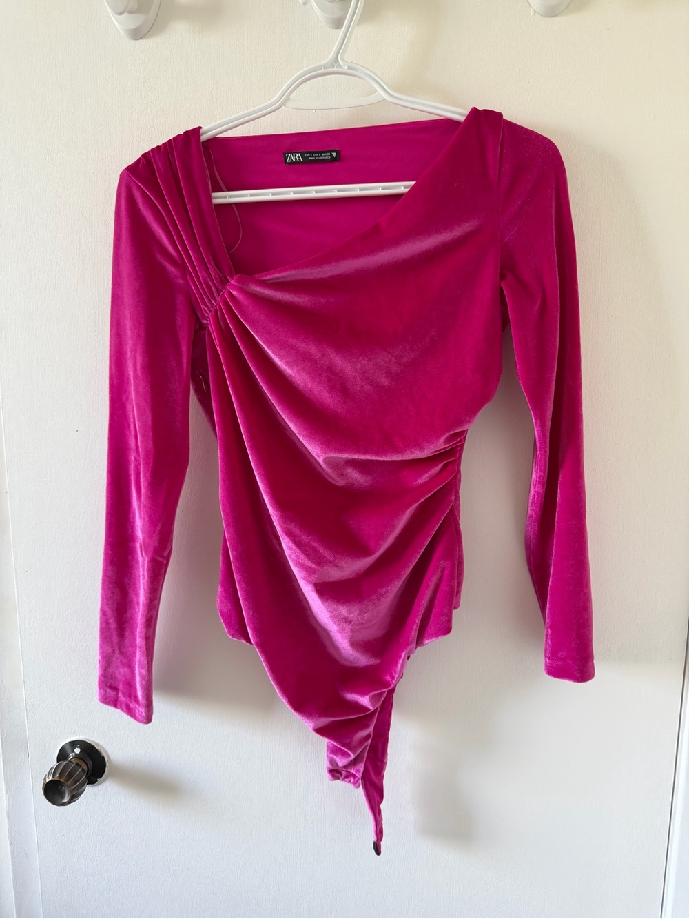 Zara Fuchsia Velvet Asymmetrical Long-Sleeve Bodysuit